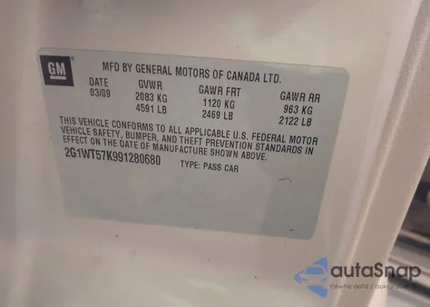 2009 Chevrolet Impala 3.5L Lt z USA, uszkodzony, nr VIN 2G1WT57K991280680